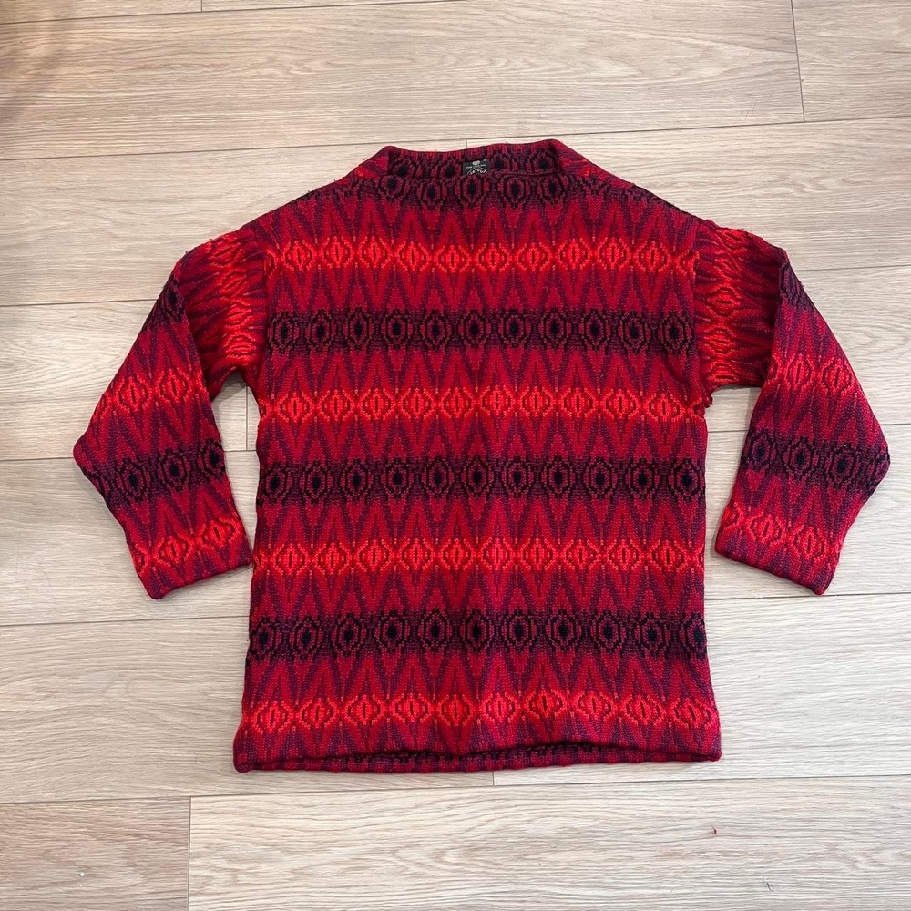 Vintage 100% Wool Sweater Red Geometric Fair Isle Women M Cottagecore 70s 80s